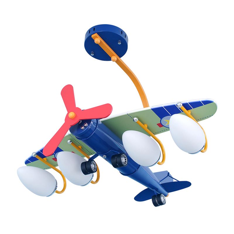 Blau Propeller Flugzeug Kronleuchter 4 Lampen -Cartoon -Metallhängung für Kinder Schlafzimmer
