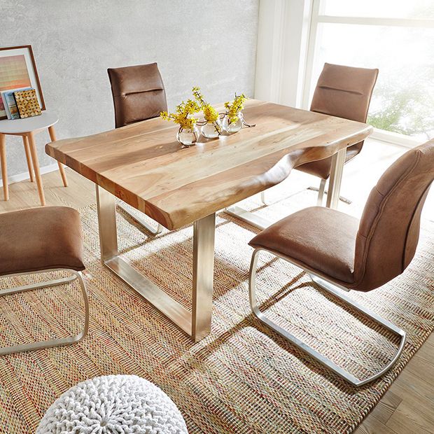 Mesa de madera maciza en tono marrón, mesa con base de trineo de lujo para comedor