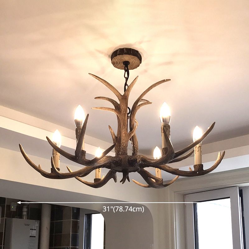 Fake Antler Chandelier Lighting Rustic Brown Resin Ceiling Light with Candle Design