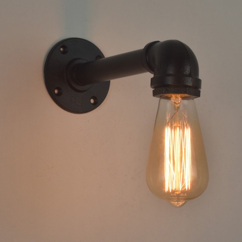 Industrial Style Pipe Shape Wall Sconce Metal 1 Light Sconces in Black for Bedroom