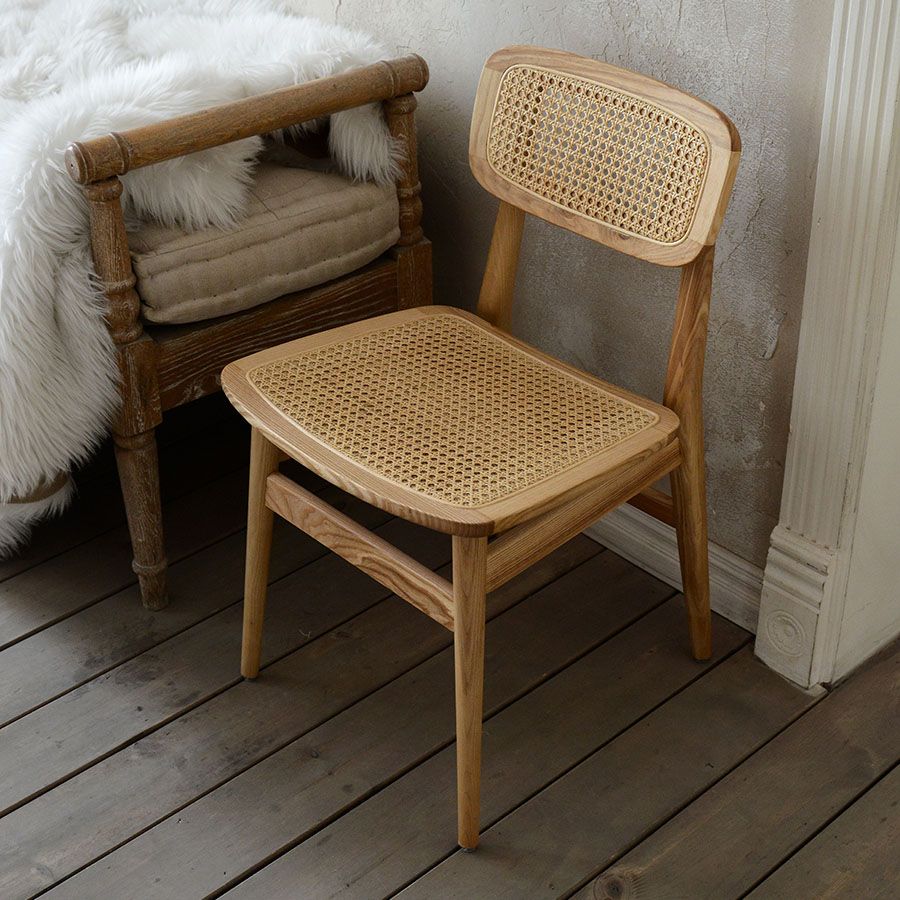 Sillas de comedor sin brazos para interiores, sillas laterales de ratán con patas de madera (juego de 2)