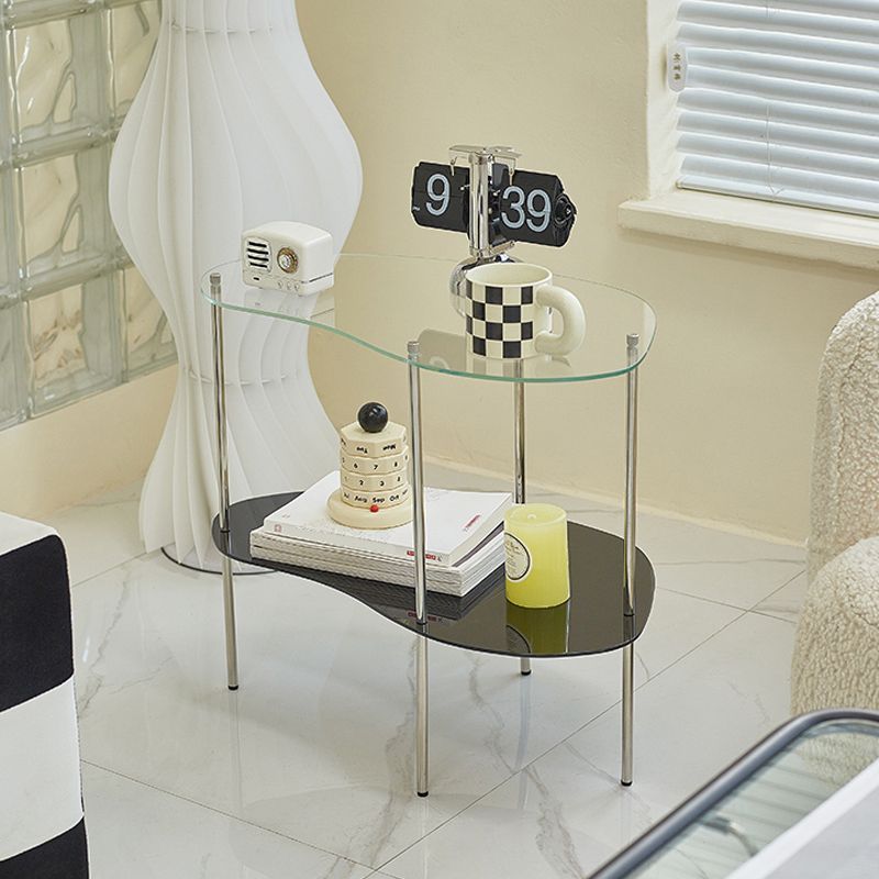 Modern Glass Top 4 Legs Double Tier Naturally Shaped Accent Side Table