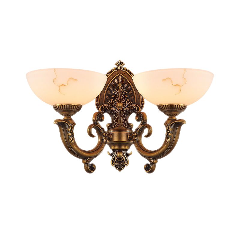 2 Heads Bowl Wall Mount Lighting Rustic Brass Finish Texture Glass Wall Lamp with Swirled Arm