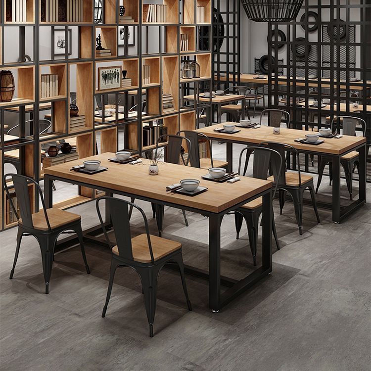 Natural Industrial Rectangle Dining Table Solid Wood Top Black Trestle Base Table