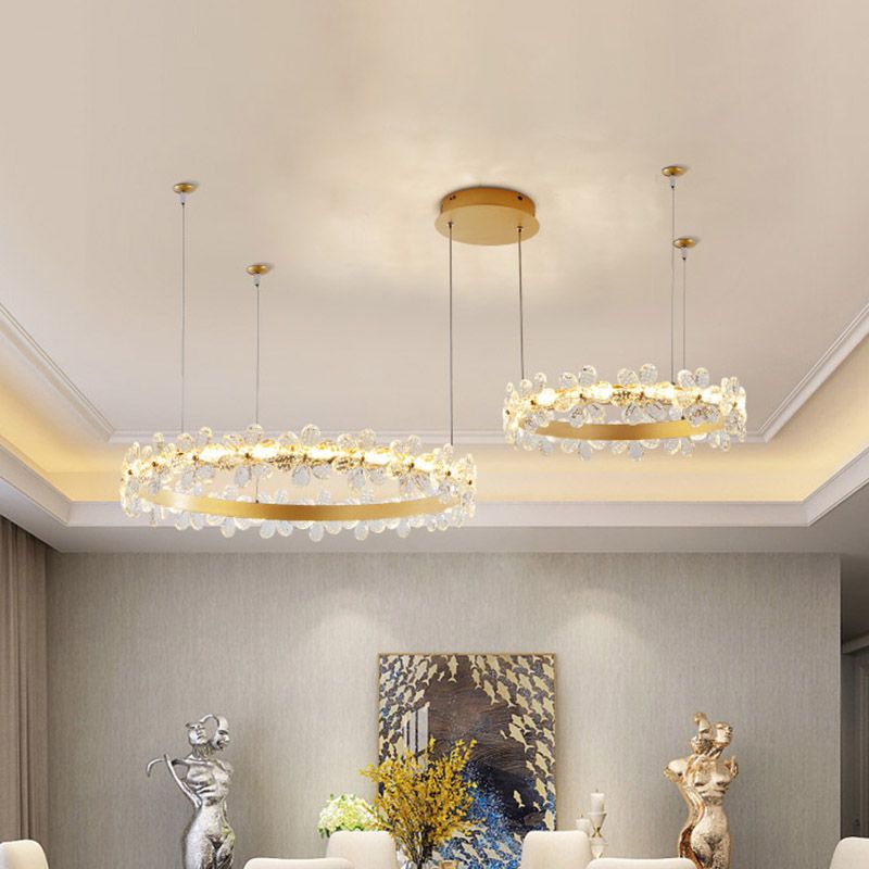 Iluminación de la lámpara de círculo Ligera colgante de techo led de cristal modernista en oro para sala de estar