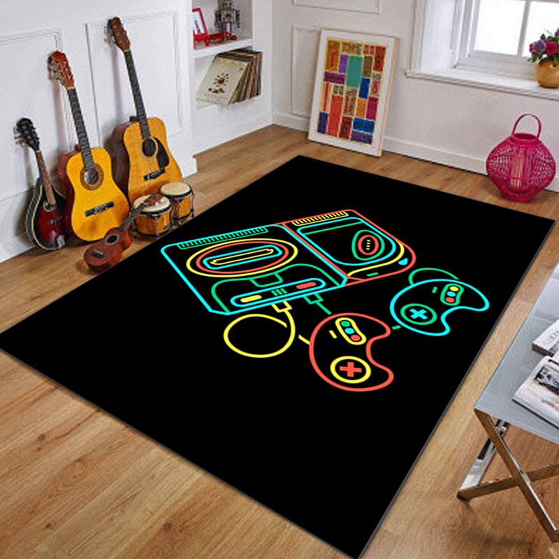 Black Tone Trendy Carpet Polyester Game Machine Print Indoor Rug Washable Carpet for Living Room