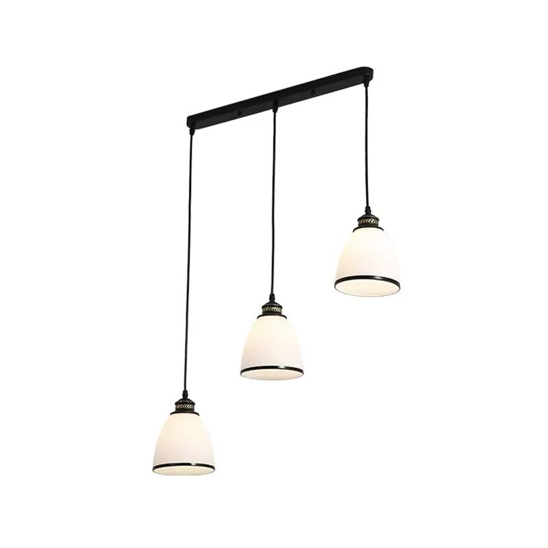 Minimalist Bell Cluster Pendant 3 Lights Ivory Glass Hanging Lamp with Round/Linear Canopy in Black