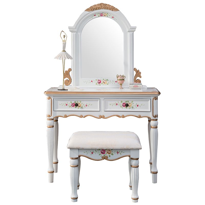 Victorian 2 Drawers MakeupTable Stool Set with Mirror for Bedroom