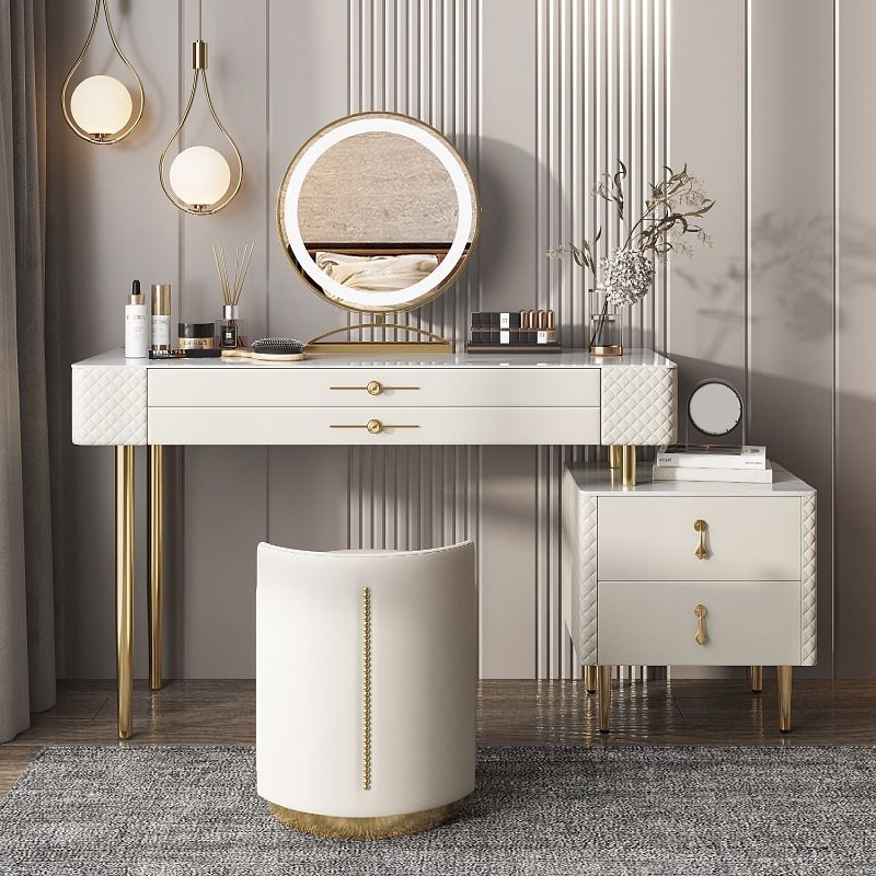 Slate Top Makeup Vanity Set with Drawer,  Glam Wooden Dressing Table