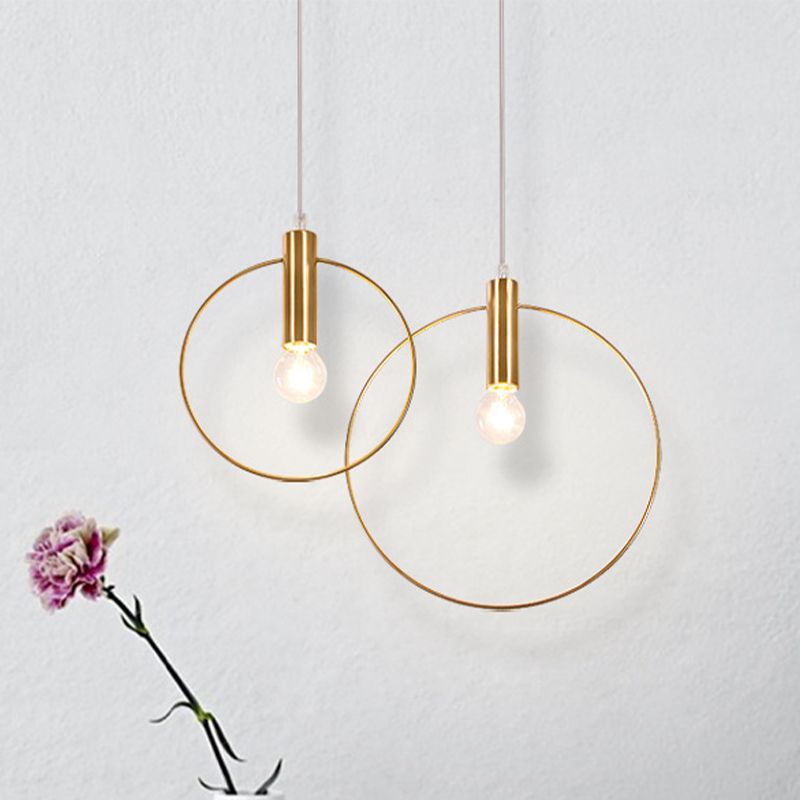 Simple Tube Down Lighting Metallic 1 Light Bedroom Suspension Lamp in Gold with Ring