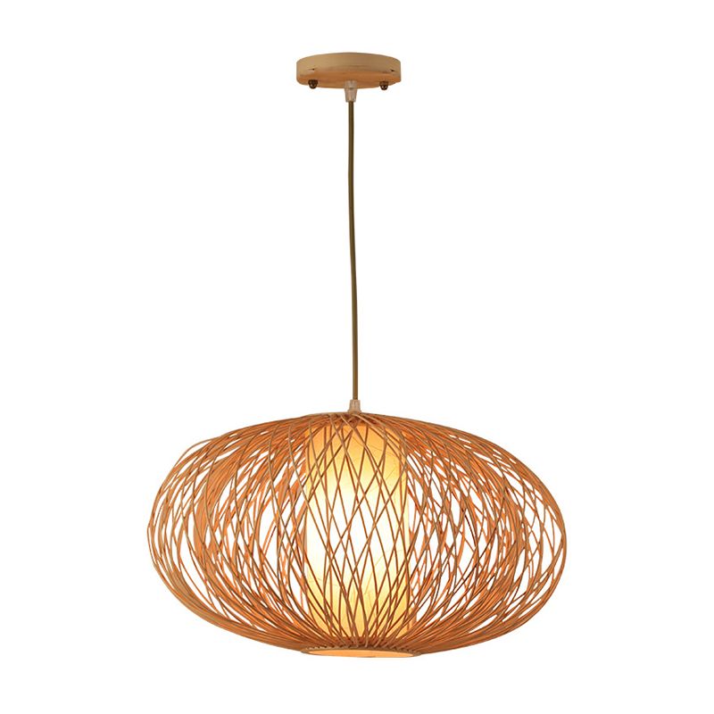 Cross Woven Pendant Lighting Fixture Modern Bamboo 1 Light Beige Hanging Lamp Kit for Dining Room