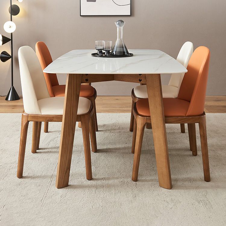 Mesa moderna de mediados de siglo de madera maciza, mesa rectangular de piedra sinterizada blanca