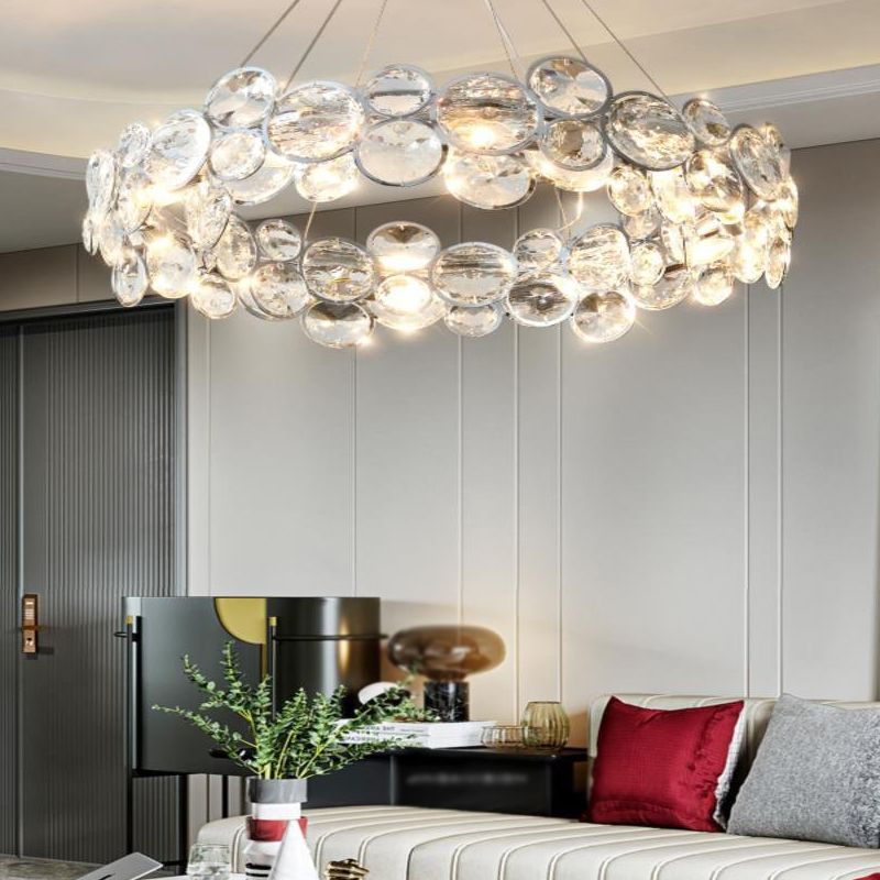 Modern Style Hanging Lights Round Crystal Chandelier in Clear for Living Room