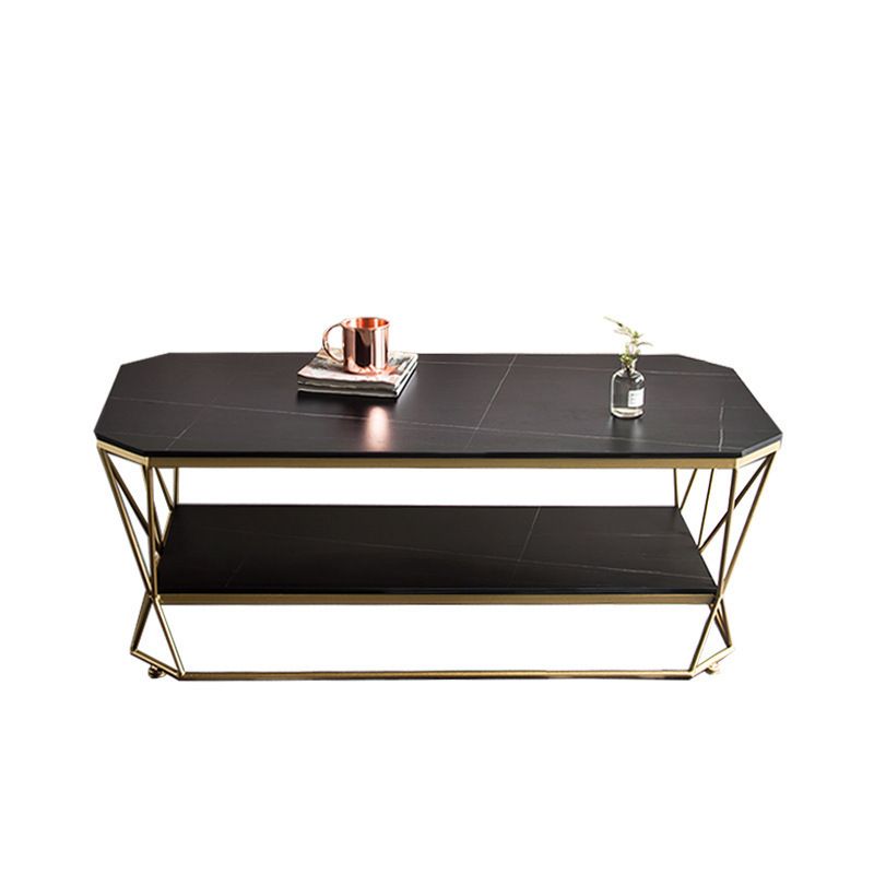 Luxurious Stone Top Coffee Table Metal Frame Cocktail Table with Shelf