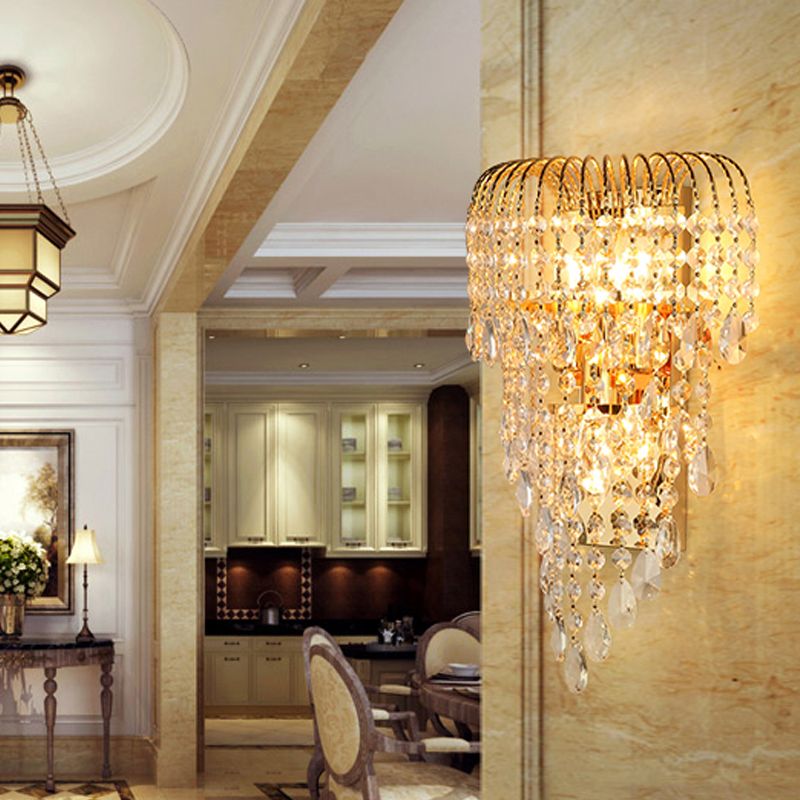 Cascading Crystal Strand Wall Lamp Traditional 3 Lights Living Room Sconce Light in Gold