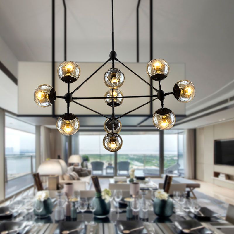 10-Light Chandelier with Sphere Shade Amber Glass Vintage Living Room Ceiling Lamp