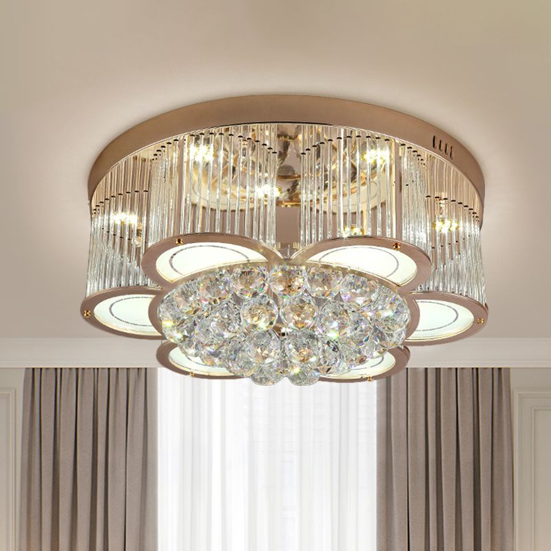 Gold Flower LED Ceiling Mounted Fixture Contemporary Fluted Clear Crystal Flush Light