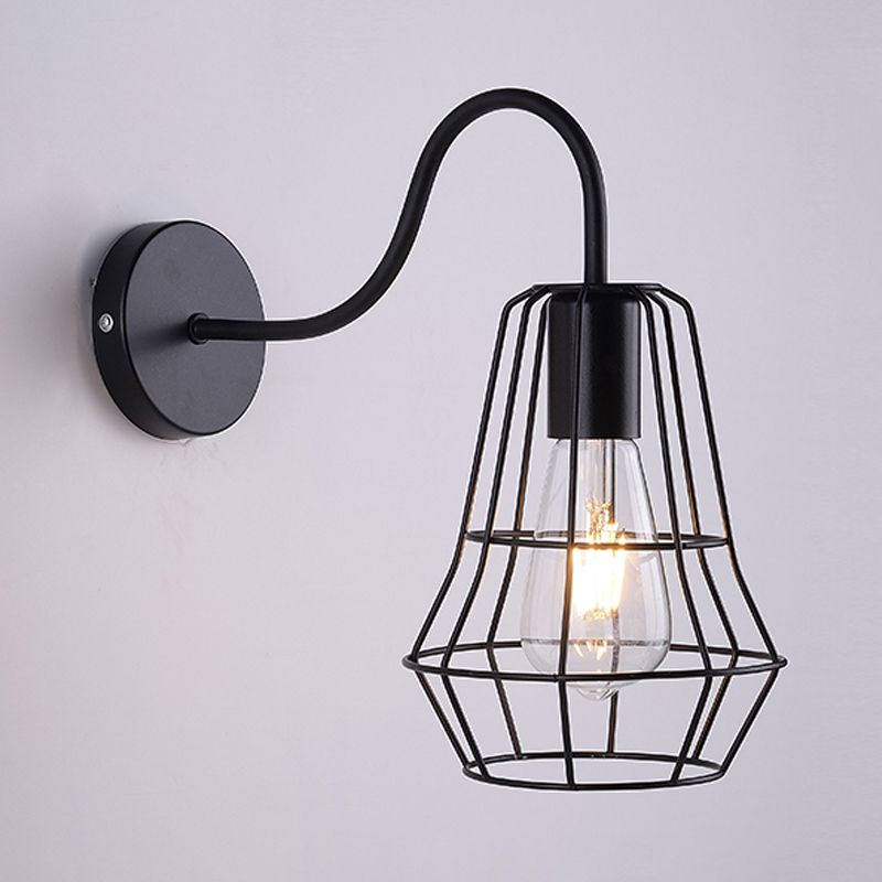 Luz de pared de la sala de estar de brazo de cuello cisboso con tono jaula de estilo retro metal 1 acabado negro de acabado negro aplique de pared