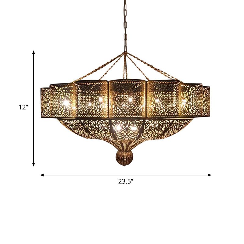 11 Heads Pendant Light Kit Arab Style Priscilla Edge Metallic Ceiling Chandelier in Brass with Hollow-Cut Design