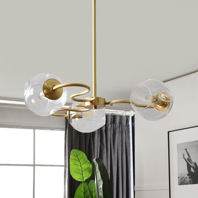 Wervelende flush mount kroonluchter postmoderne transparant glas 3-licht slaapkamer semi-montage verlichting in messing