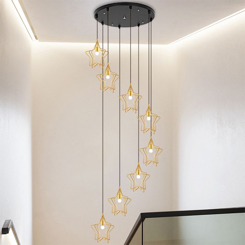 Gold Spiral Star Multi Ceiling Lamp Simplicity 8 Bulbs Metallic Suspension Light Fixture for Entryway