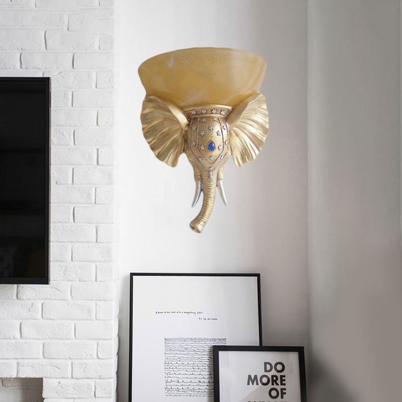 Beige Bowl Sconce Light Traditional Glass 1 Light Corridor Wall Mounted Light with Gold/White Resin Elephant Base