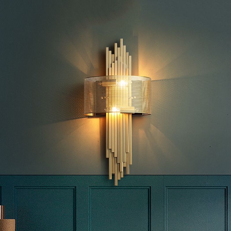 Colonial Linear Wall Lamp Sconce 2 Lights Metal Wall Light Fixture in Gold with Mesh Screen Outside