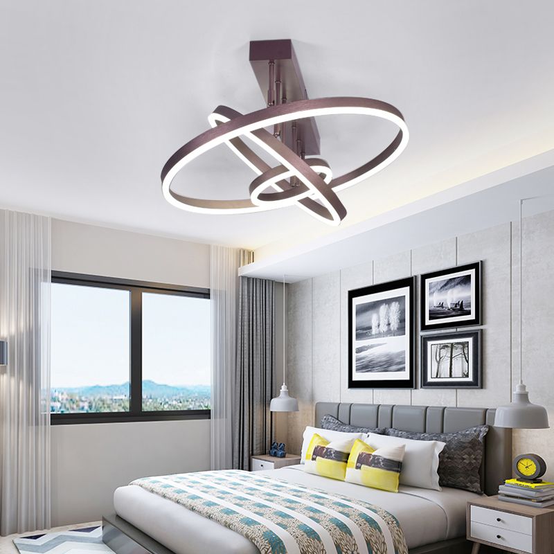 Circular LED Semi Flush Mount Lighting Simplicity Metal Bedroom Ceiling Lamp in Coffee