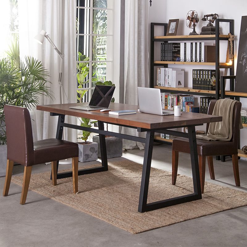 Industrial Pine Wood Table for Restaurant Rectangle Table with Metal Double Pedestal