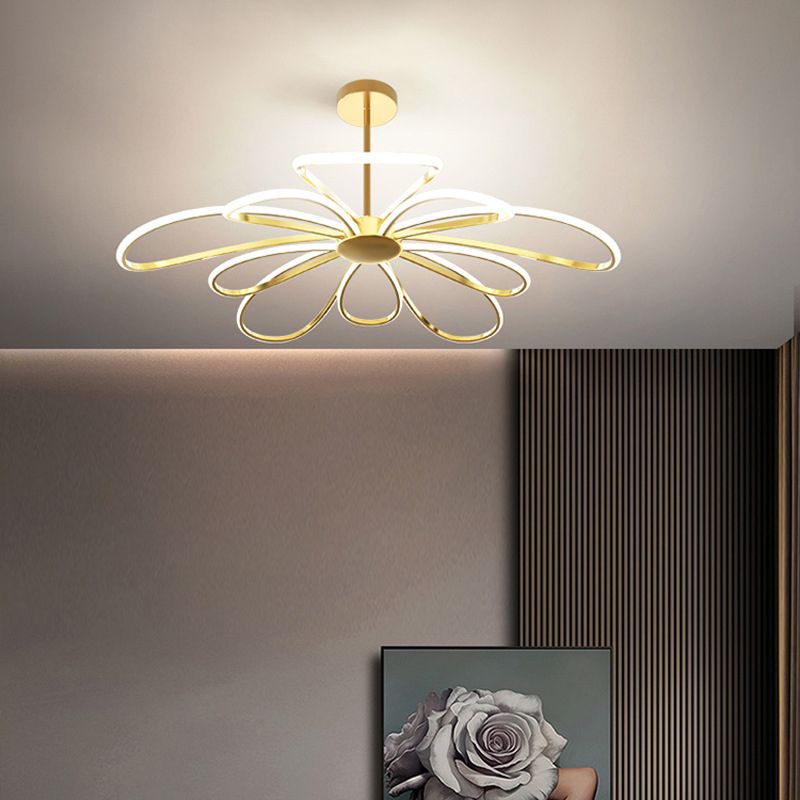 Flower Chandelier Light Fixture Simple Metal Living Room LED Hanging Light Kit in Gold
