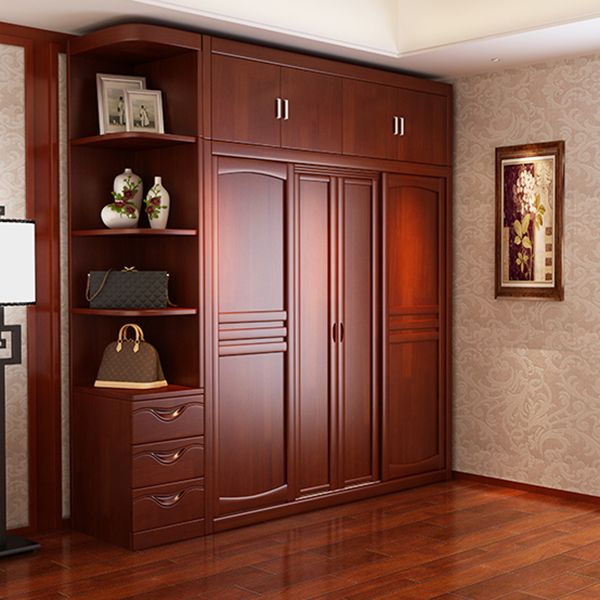 Rubber Wood Frame Wardrobe Freestanding Wardrobe Armoire with Shelves and Clothes Rail