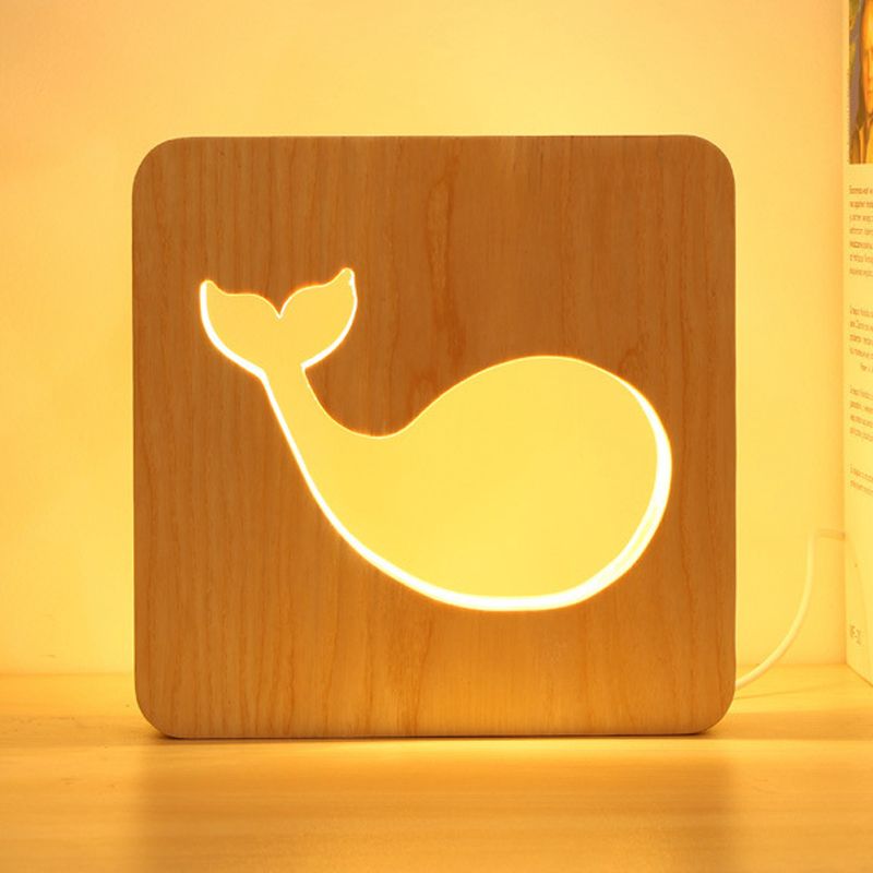 Beige quadratische kleine Schreibtischlicht mit Delphin modernem Holztischlicht für Kinderschlafzimmer