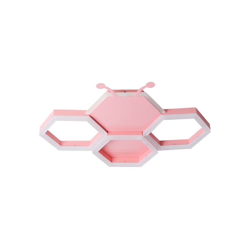 Kids Honeycomb Iron Ceiling Flush Light LED Flushmount Lighting in Pink/Black for Baby Room, Warm/White Light