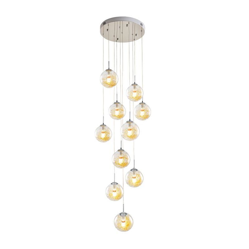 Lampe suspension d'escalier d'escalier d'escalier de modernisme multi-léger à 10 têtes avec une teinte en verre transparent en argent sphère en argent