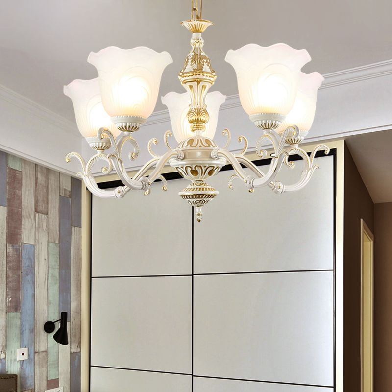 Opaline Glass Flower Ceiling Lamp Traditional 5/7-Light Drawing Room Pendant Chandelier in White and Gold