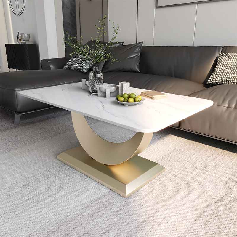 Glam Stone Coffee Table with Steel Pedestal Base and Rectangle Top