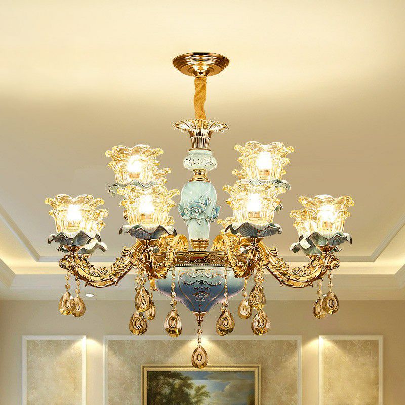 Blau geschichtete Blume auf Kronleuchter traditioneller klarer Kristallglas Schlafzimmer Suspension Licht