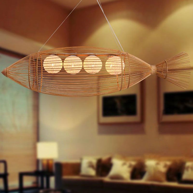 Iluminación de techo con forma de pescado Bambú de estilo moderno 4 Bulbos de lámpara de madera de madera.