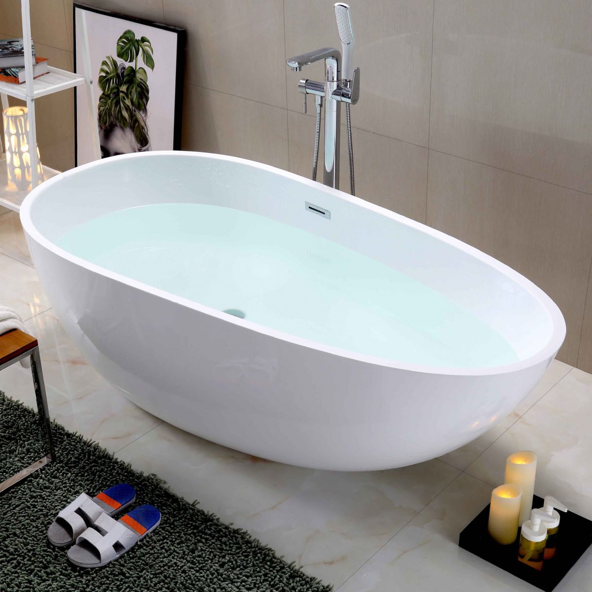 White Acrylic Oval Bathtub Freestanding Soaking Bath Tub with Center Drain