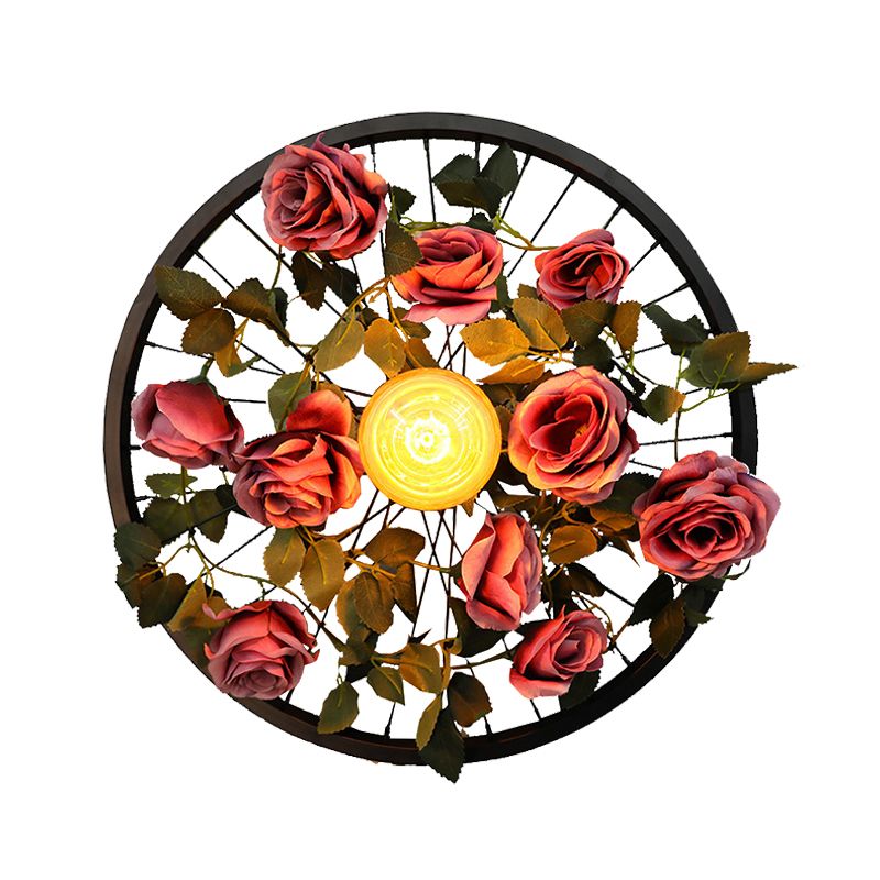 Vintage Wheel Wall Mount Lighting 1 Bulb Metal LED Rose Wall Sconce Light in Black for Restaurant