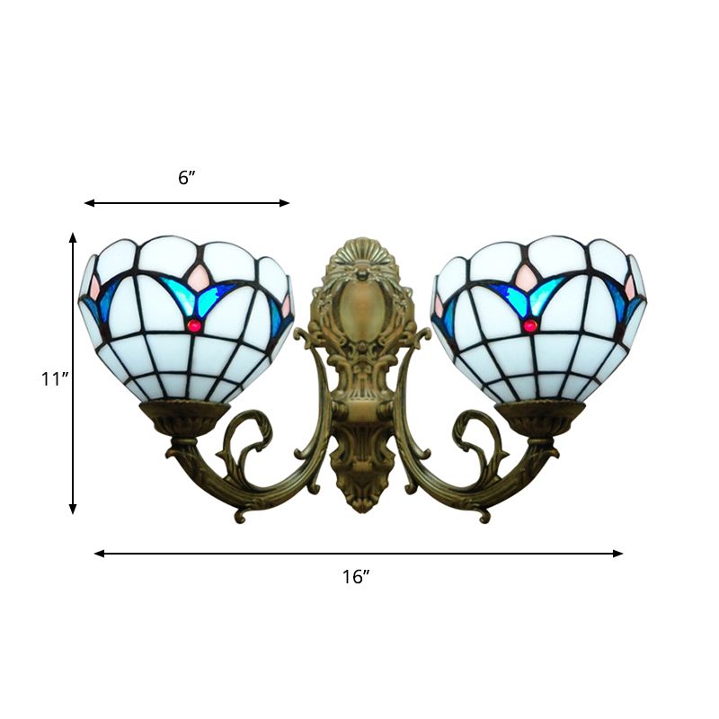 Stained Glass Domed Wall Sconce 2 Heads Traditional Tiffany Wall Lamp in White for Hotel