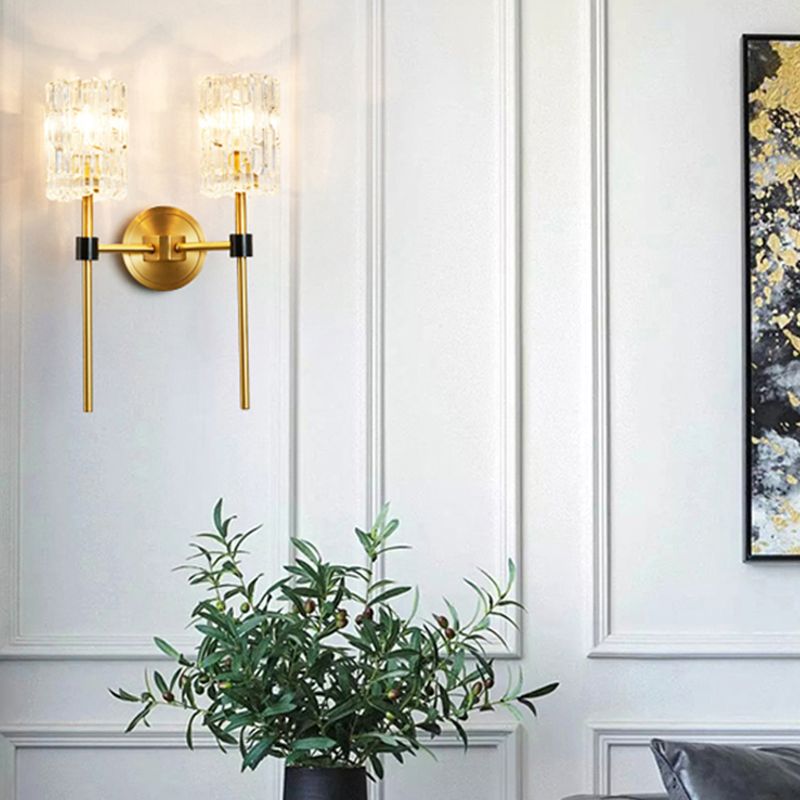 Clear Carved Glass Cylindrical Wall Light Postmodern Gold Finish Wall Sconce for Living Room