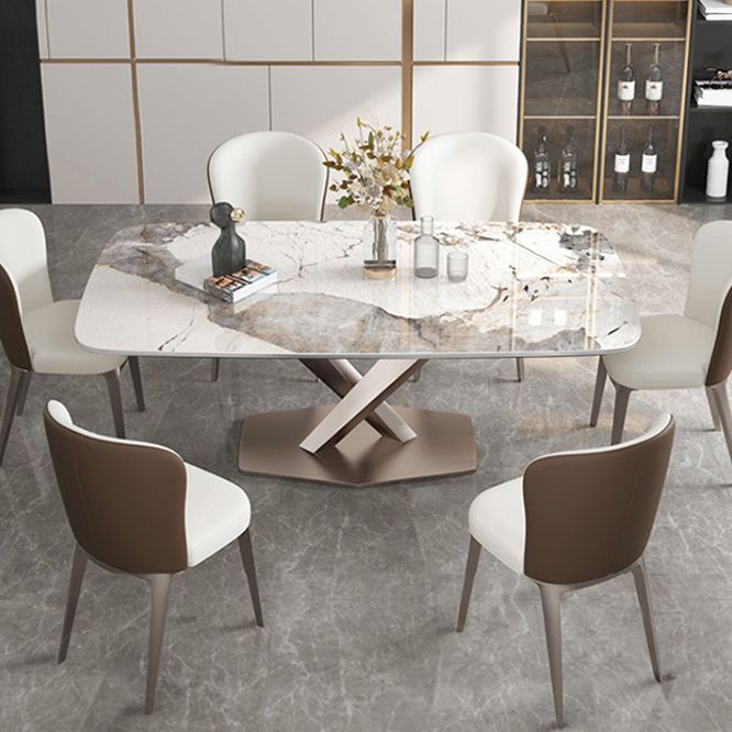 Modern Dining Table Rectangle Stone Top Table with Stainless Steel Pedestal Base