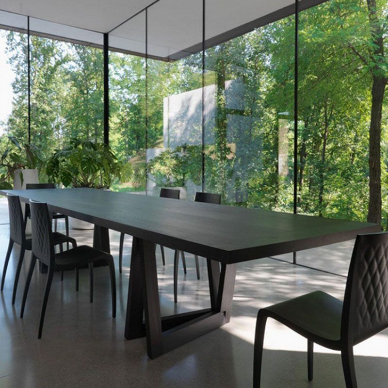 Modern Black Rectangle Dining Table Solid Wood Top Iron Base Table