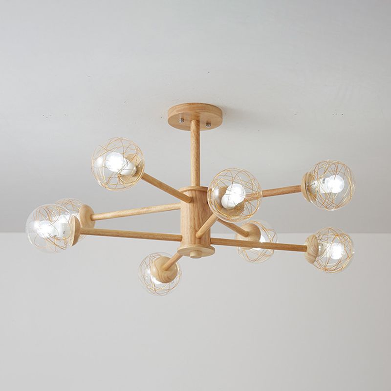 Creative Simple Style Wooden Chandelier Ceiling Hanging Light with Glass Shade