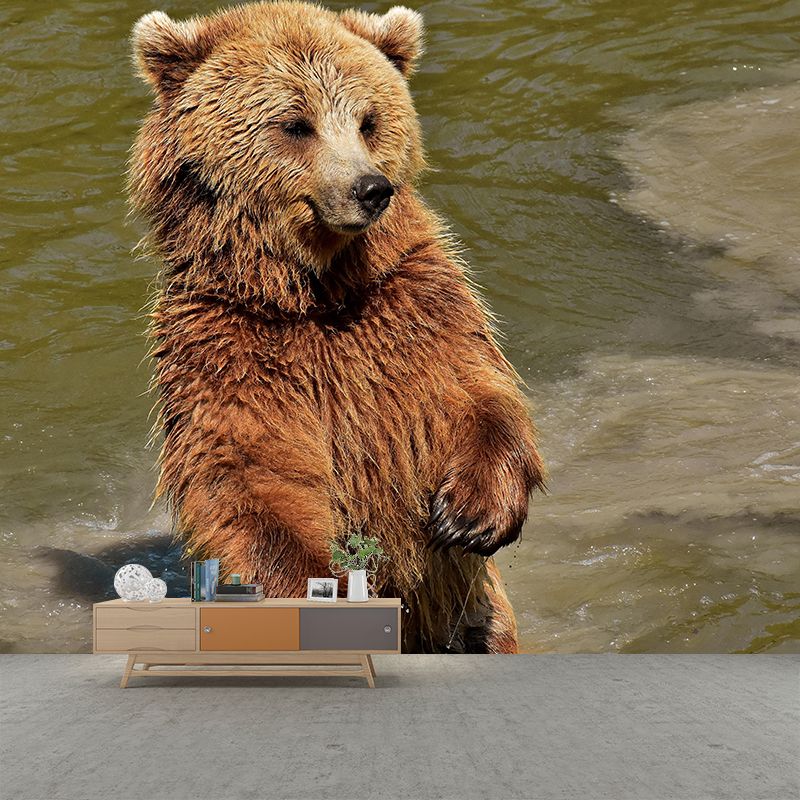 Customized Brown Bear Wall Mural Horizontal Photography for Sleeping Room Decoration