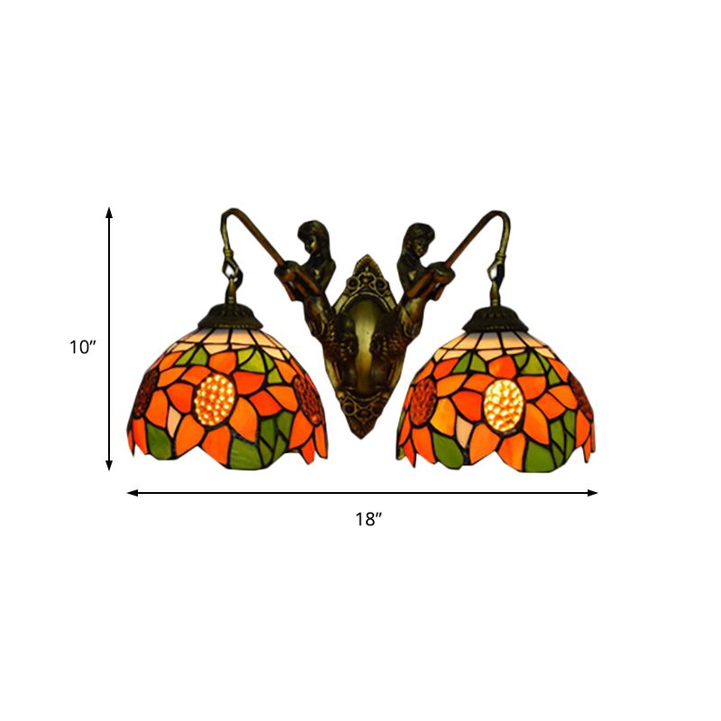 Sunflower Wall Mounted Lamp Tiffany Orange Glass 2 Heads Bedroom Sconce Light in Bronze