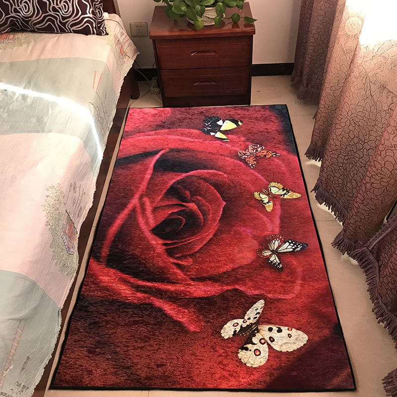 Stijlvol rood gebied Rug bloempatroon polyester gebied tapijt vlekbestendig vloerkleed voor slaapkamer