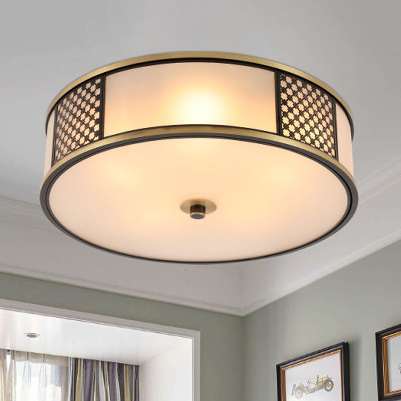 Messing Drum Flush Mount Verlichting Traditioneel Wit Glas 5 Lampen Woonkamer Plafond Lamp, 16 "/19.5" W