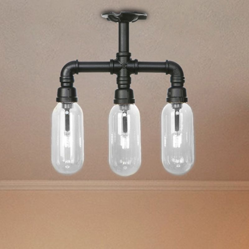 Cápsula Semi Flush Light Style Vintage 3/4 Luz mate mate negro accesorio de iluminación de vidrio transparente con diseño de tubería